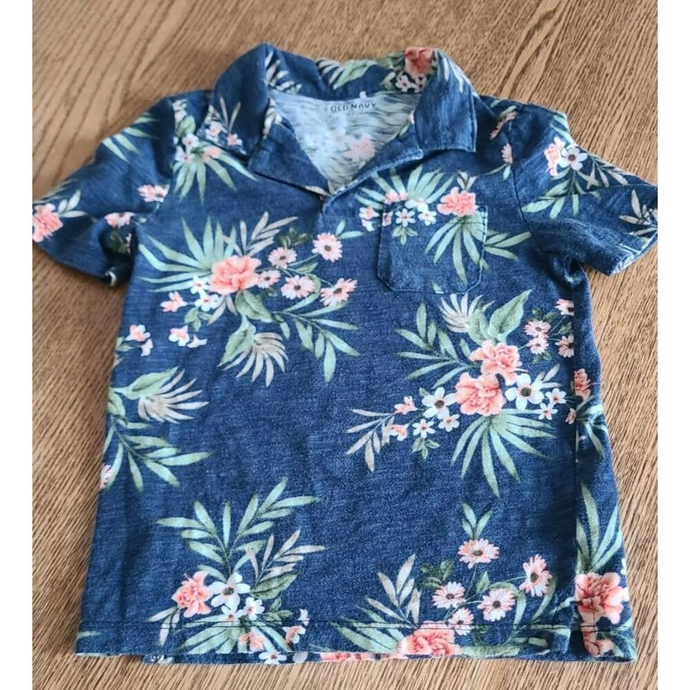 Boys Old Navy Hawaiian Tropical Floral Print Blue Polo Shirt 4T